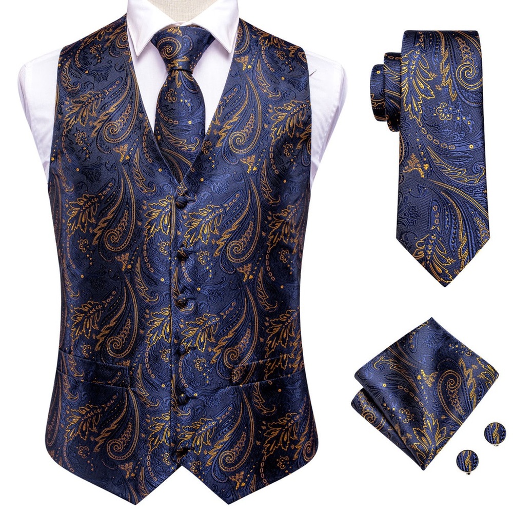 Hi-Tie Navy Blue Golden Paisley Silk Men's Vest Hanky Cufflinks Tie Set
